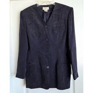 Courtenay Vintage 100% Silk Collarless Blazer Navy Blue Longline Jacket Size 6